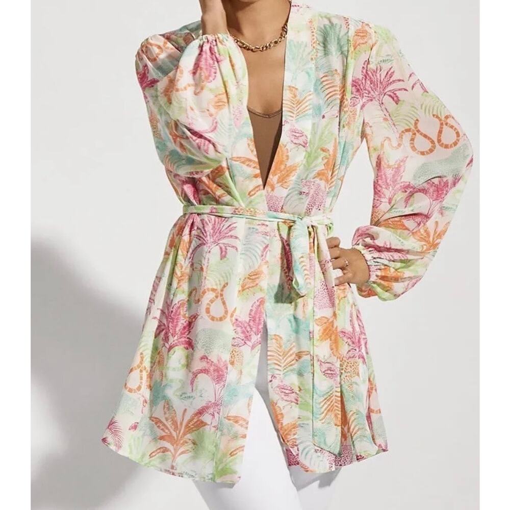 CAbi Tropical Print Tie-Front Kimono Mini Dress – Size M – Resort Style - Picture 2 of 7